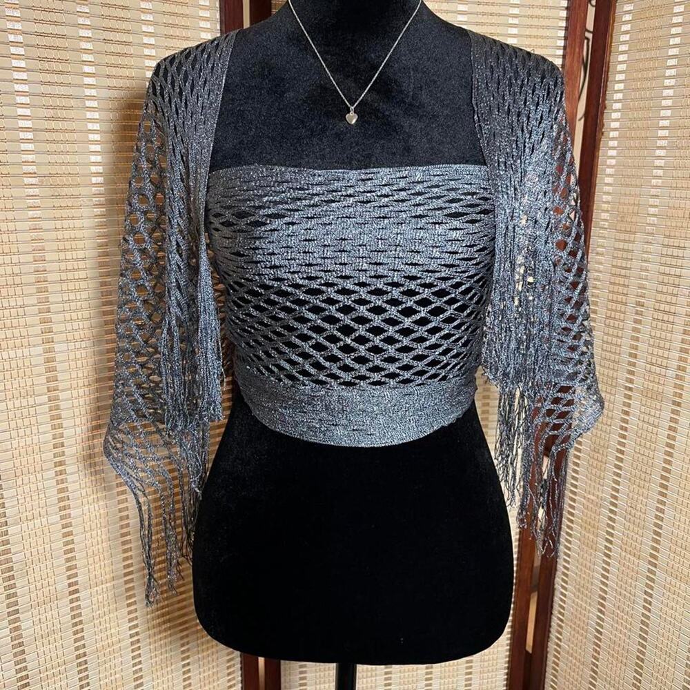 Silver Metallic Shimmer Fishnet Wrap Scarf Bolero Cape